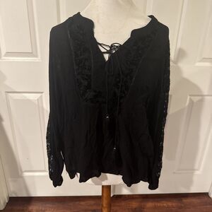 Knox Rose Womens Top XXL Black Lace Gauzy Burnout Tassels Hippie Goth Witchy